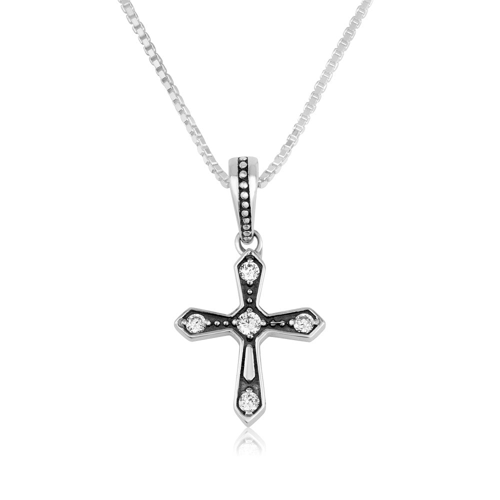 Stone-tipped cross pendant necklace in 925 sterling silver by Marina Jewelry