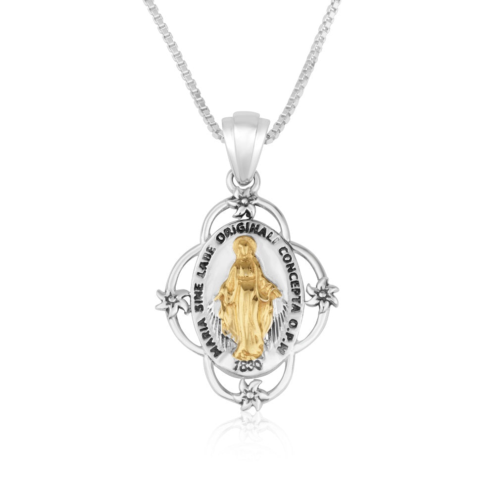 Miraculous Medal pendant necklace in gold-plated 925 sterling silver with floral frame by Marina Jewelry