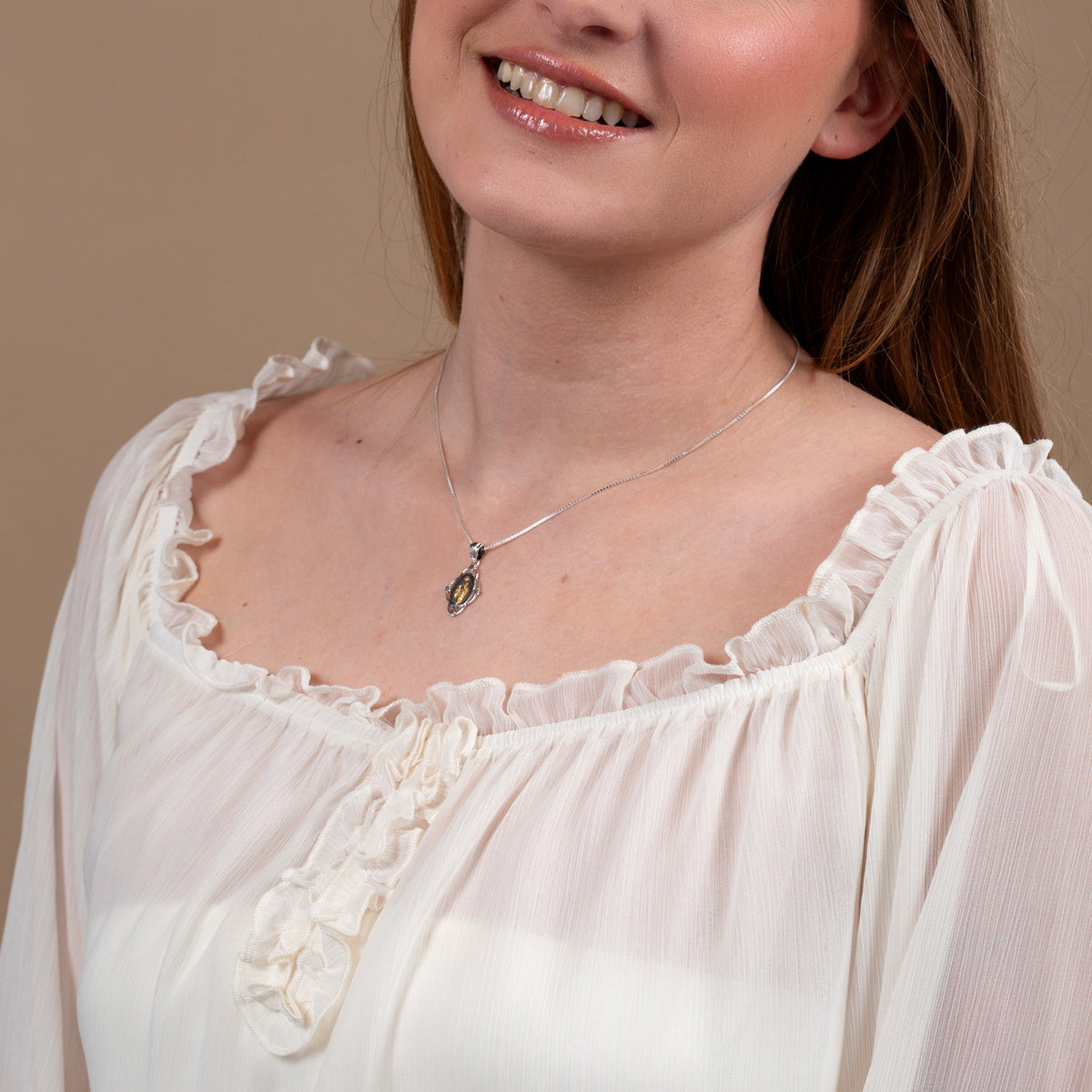 Miraculous Medal Pendant Necklace in Gold-Plated 925 Sterling Silver, Floral Frame – shown worn