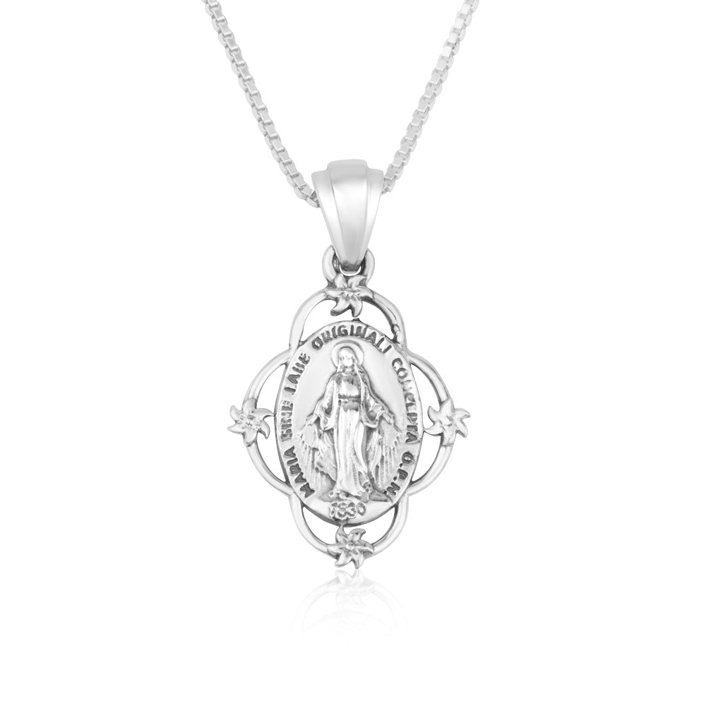 Miraculous Medal Pendant Necklace in 925 Sterling Silver, Floral Frame
