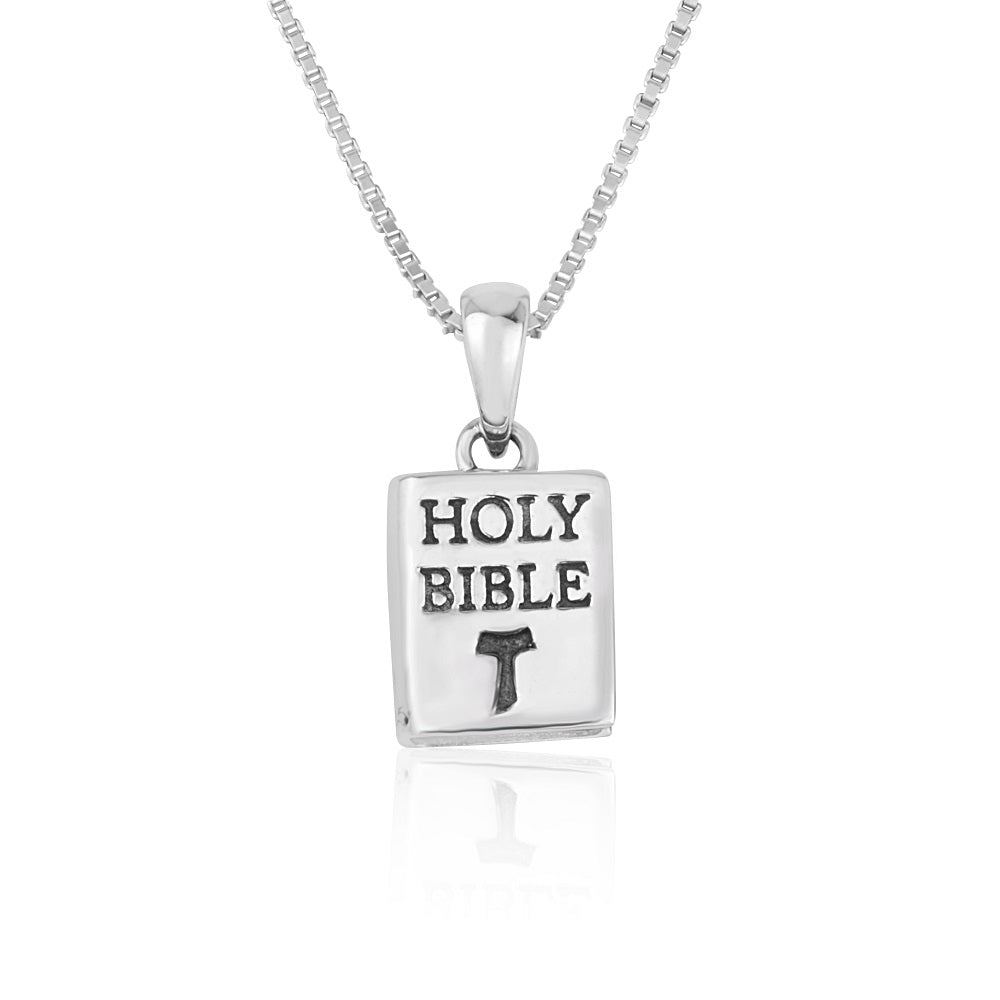 Holy Bible Pendant Necklace, Engraved Tau Cross, 925 Sterling Silver