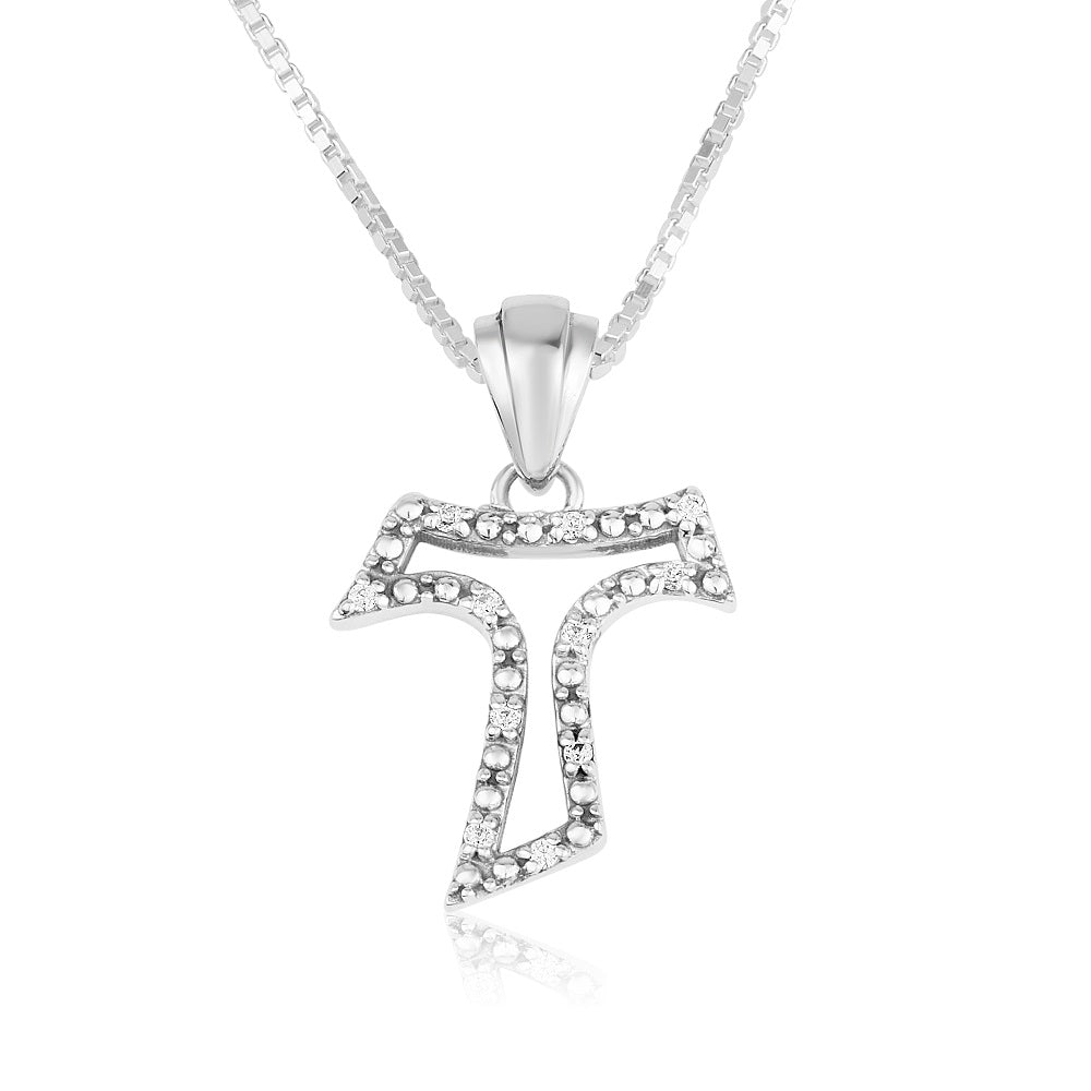 Tau cross CZ pave pendant necklace in 925 sterling silver by Marina Jewelry