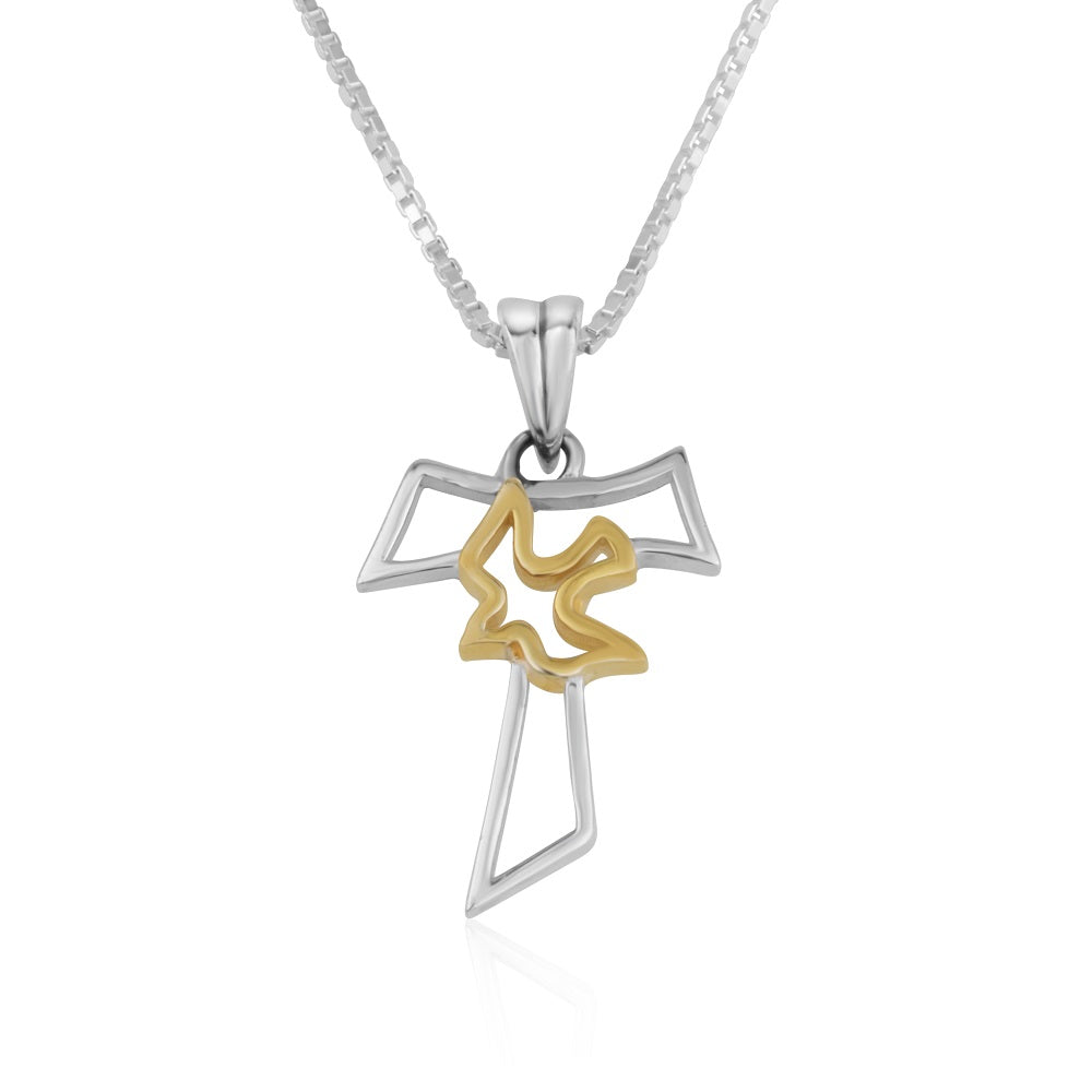 Tau cross and dove pendant necklace in gold-plated 925 sterling silver by Marina Jewelry