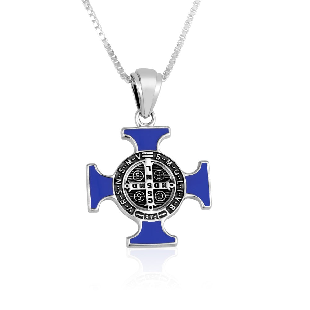 Saint Benedict Cross Pendant Necklace in 925 Sterling Silver, Blue Enamel