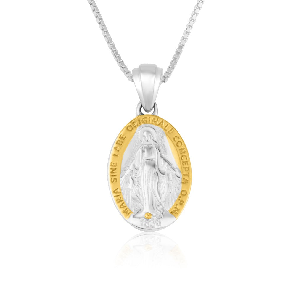 Miraculous Medal Pendant Necklace in 925 Sterling Silver, Gold Frame