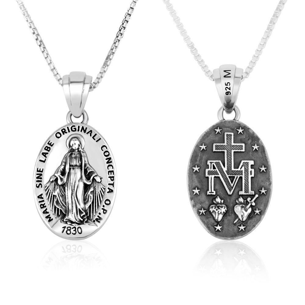 Miraculous Medal Pendant Necklace, Medium Oval, Oxidized 925 Sterling Silver