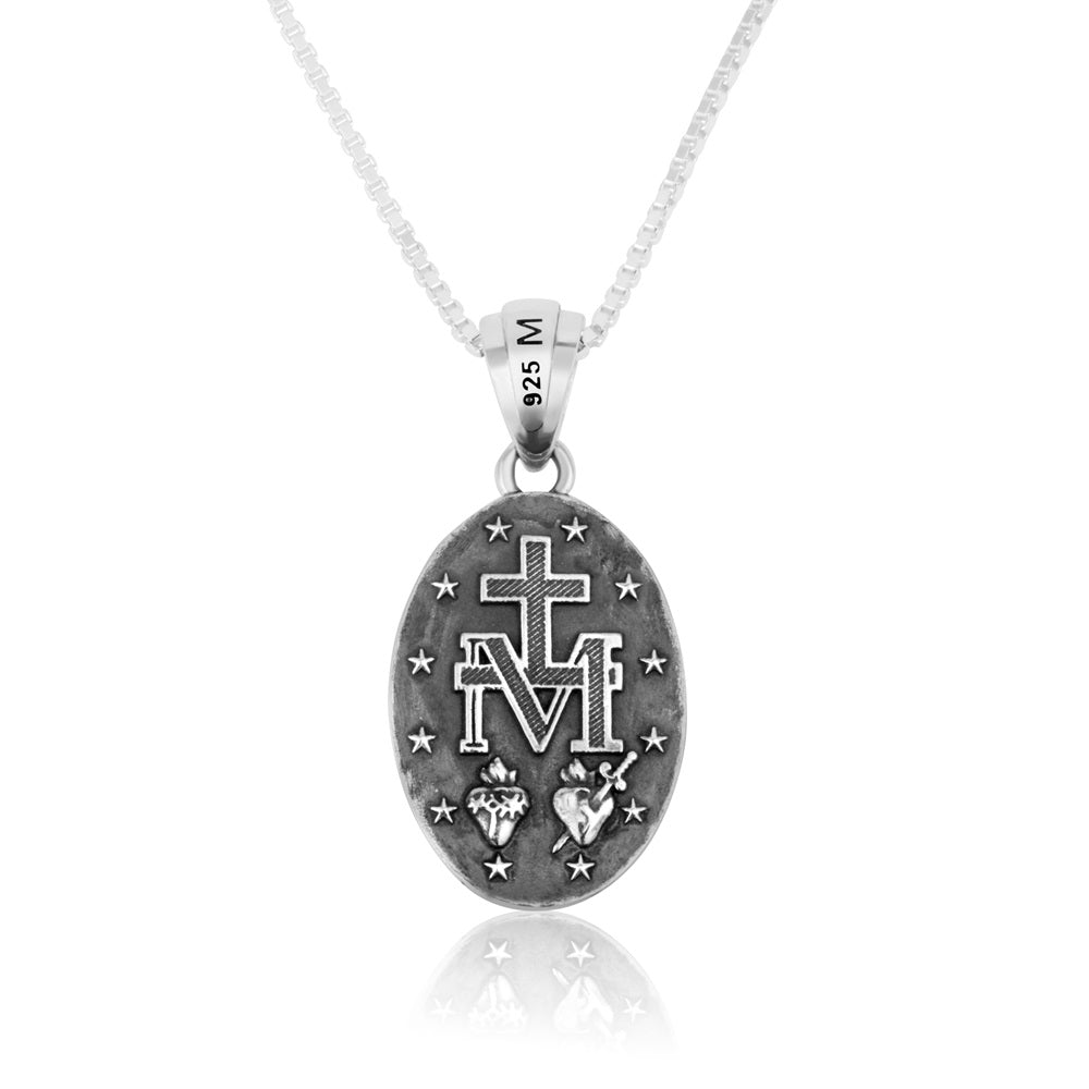 Miraculous Medal Pendant Necklace, Medium Oval, Oxidized 925 Sterling Silver – back view