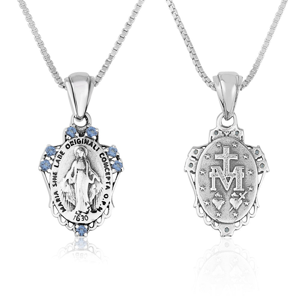 Miraculous Medal pendant necklace in oxidized 925 sterling silver with blue stone accents by Marina Jewelry
