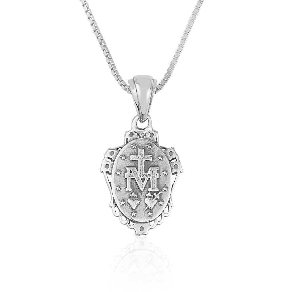 Miraculous Medal Pendant Necklace, Light Blue Stones, Oxidized 925 Sterling Silver – back view