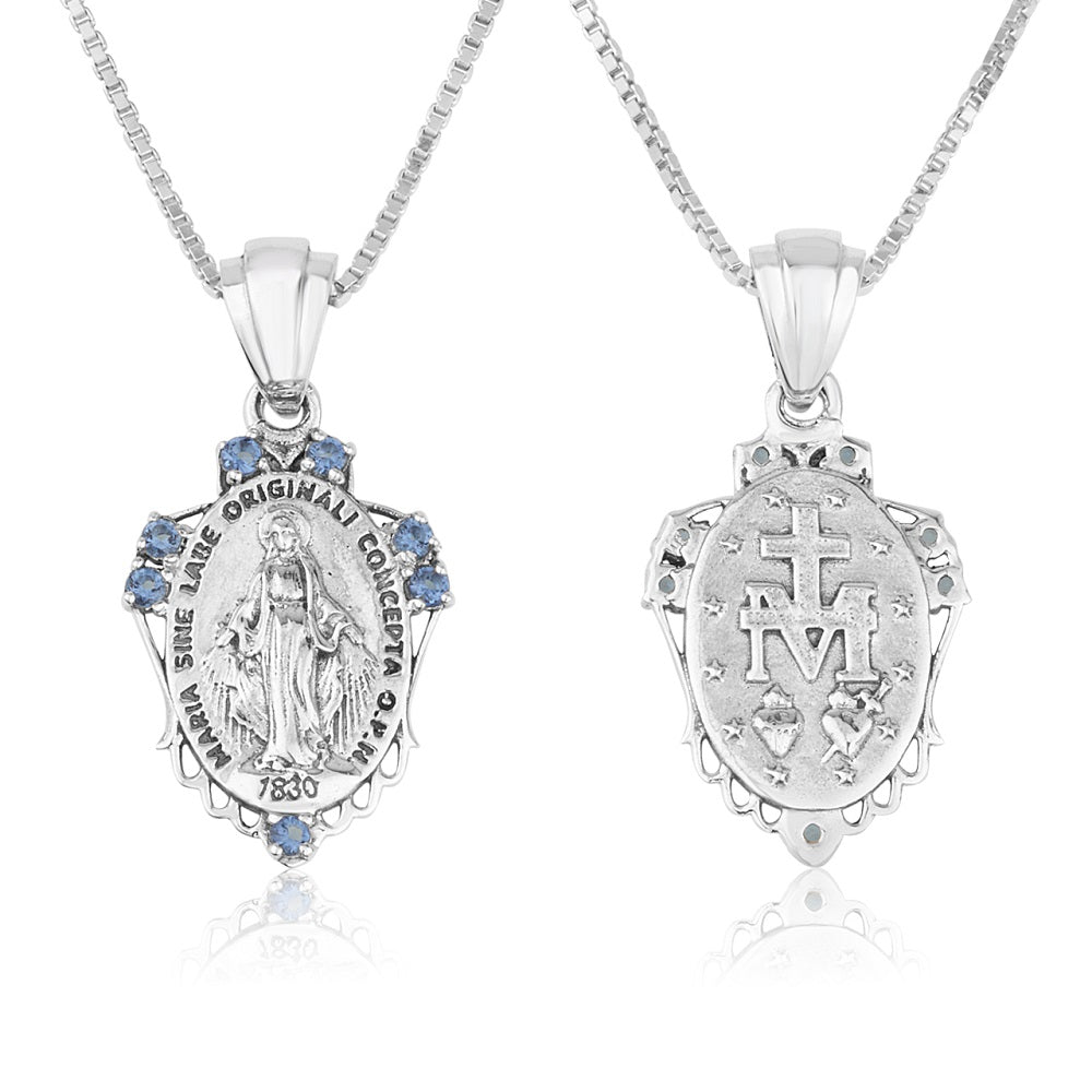 Miraculous Medal Pendant Necklace in Polished 925 Sterling Silver, Ornate Frame
