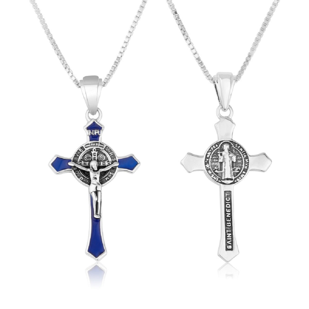 Saint Benedict crucifix pendant necklace in blue enamel 925 sterling silver by Marina Jewelry
