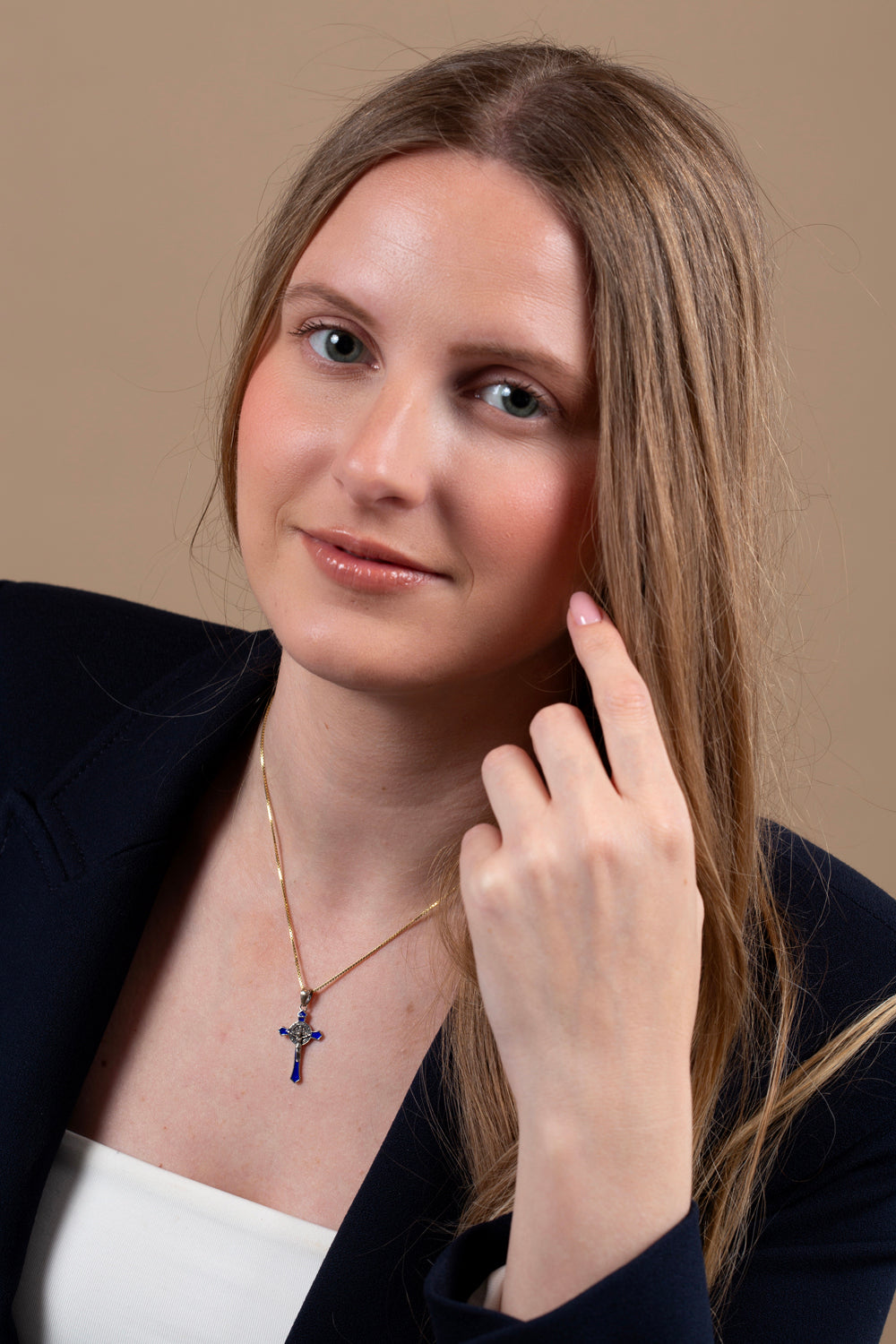 Saint Benedict Crucifix Pendant Necklace in 925 Sterling Silver, Blue Enamel – shown worn