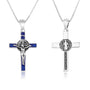 Saint Benedict Crucifix Pendant Necklace in 925 Sterling Silver, Blue Enamel