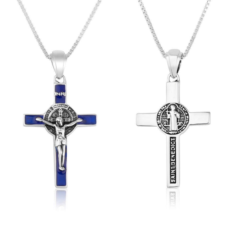 Saint Benedict Crucifix Pendant Necklace in 925 Sterling Silver, Blue Enamel