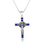 Saint Benedict Crucifix Pendant Necklace in 925 Sterling Silver, Blue Enamel