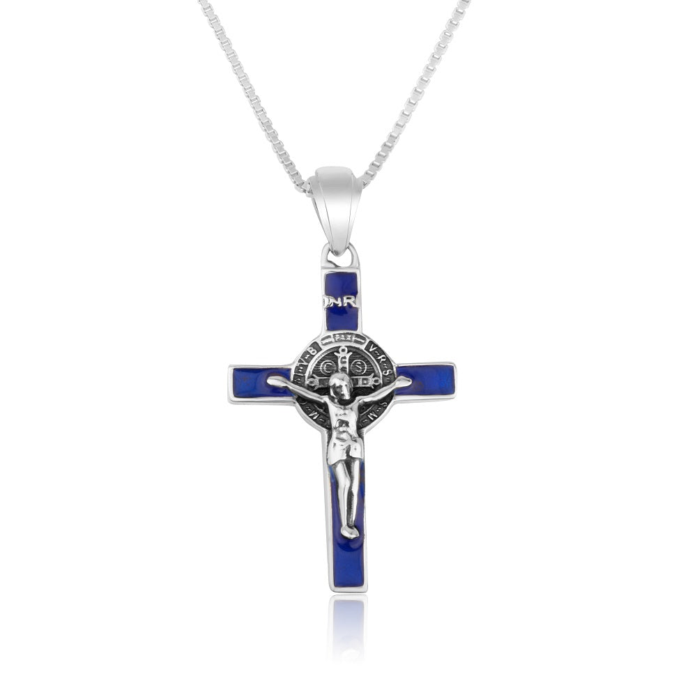Saint Benedict Crucifix Pendant Necklace in 925 Sterling Silver, Blue Enamel