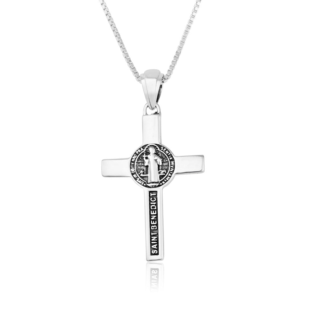 Saint Benedict Crucifix Pendant Necklace in 925 Sterling Silver, Blue Enamel – back view