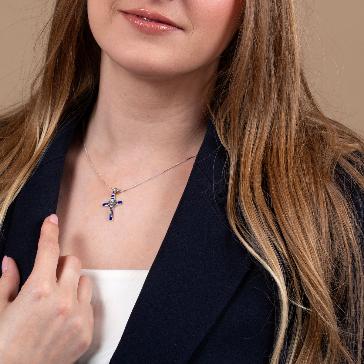 Saint Benedict Crucifix Pendant Necklace in 925 Sterling Silver, Blue Enamel – shown worn