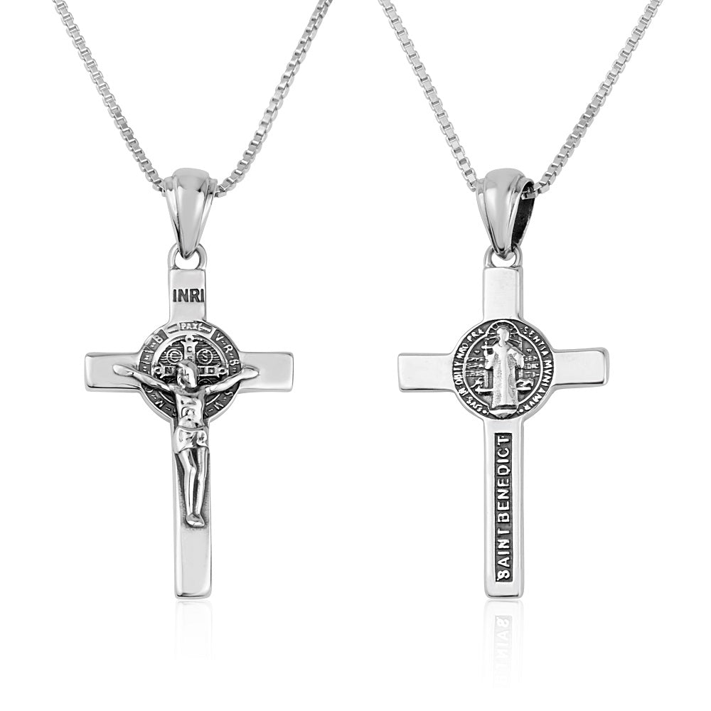 Saint Benedict crucifix pendant necklace in oxidized 925 sterling silver by Marina Jewelry
