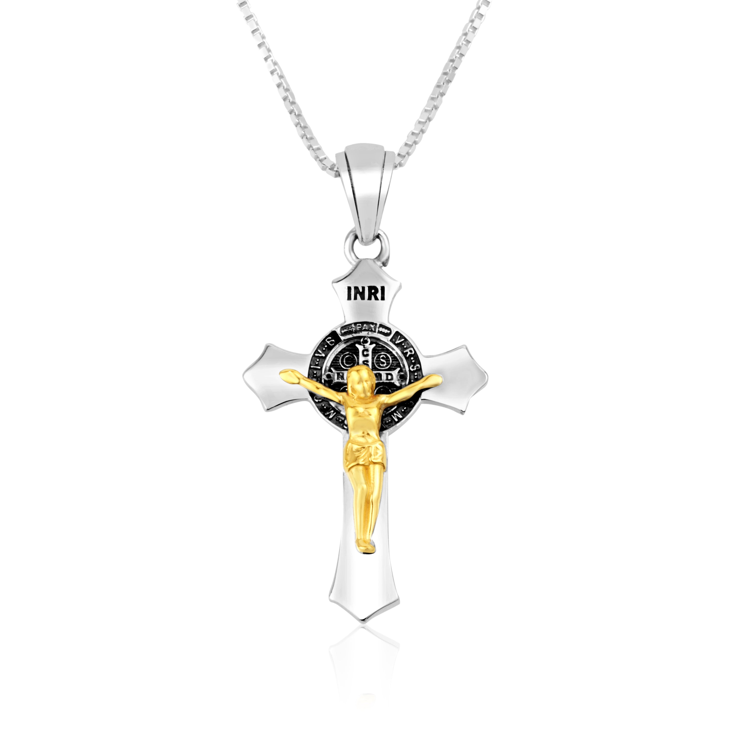 Two-Tone Saint Benedict Crucifix Pendant Necklace in Gold-Plated 925 Sterling Silver