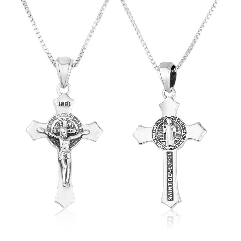 Ornate Saint Benedict crucifix pendant necklace in 925 sterling silver by Marina Jewelry