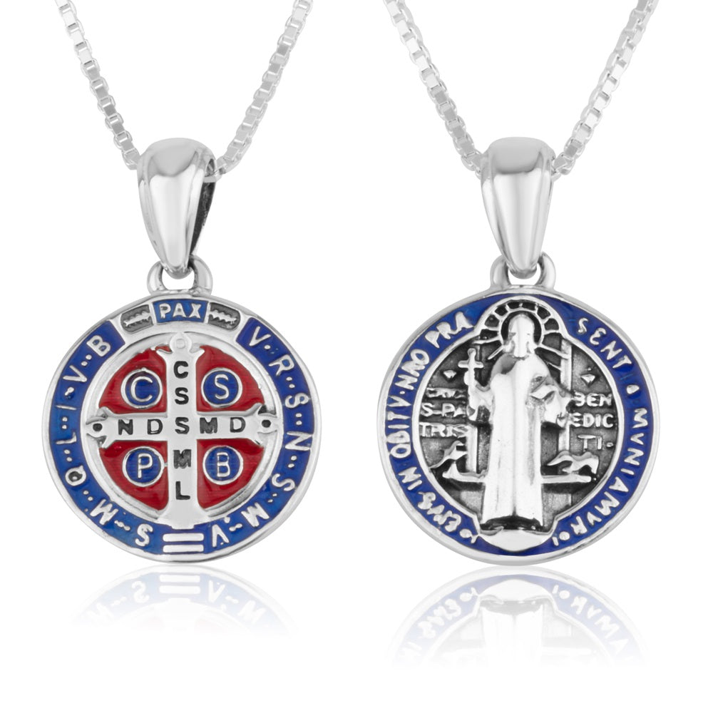 Saint Benedict figure medal pendant necklace, small, in 925 sterling silver with blue and red enamel by Marina Jewelry