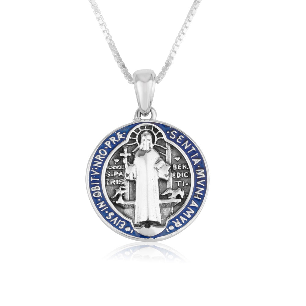 Saint Benedict Medal Pendant Necklace in 925 Sterling Silver, Small, Blue & Red Enamel, Figure – back view
