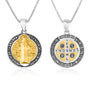 Two-tone Saint Benedict Medal pendant necklace in oxidized 925 sterling silver with gold accents by Marina Jewelry