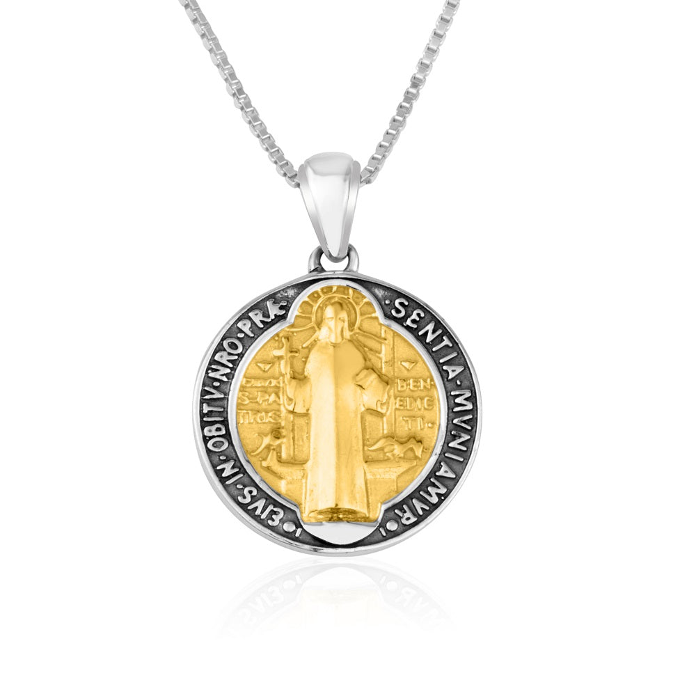 Two-Tone Saint Benedict Medal Pendant Necklace in 925 Sterling Silver, Oxidized