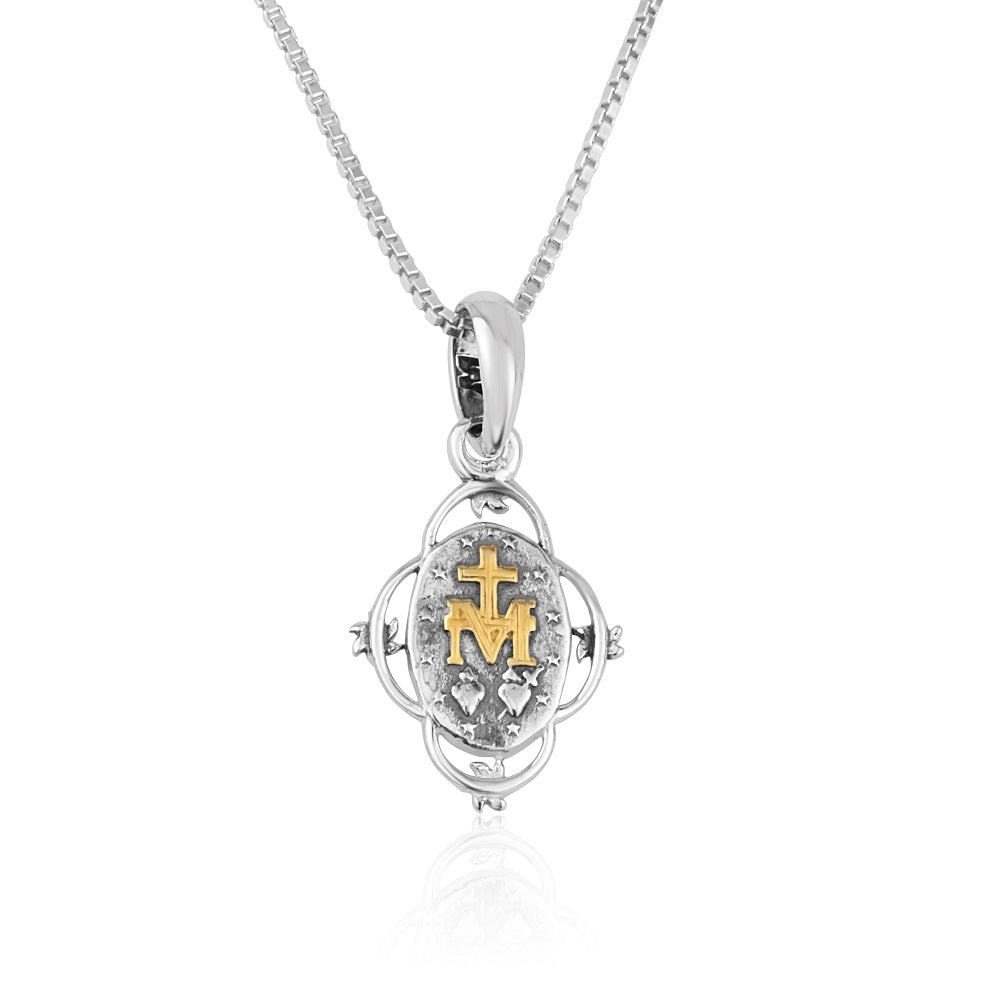 Two-Tone Miraculous Medal Pendant Necklace in 925 Sterling Silver – back view