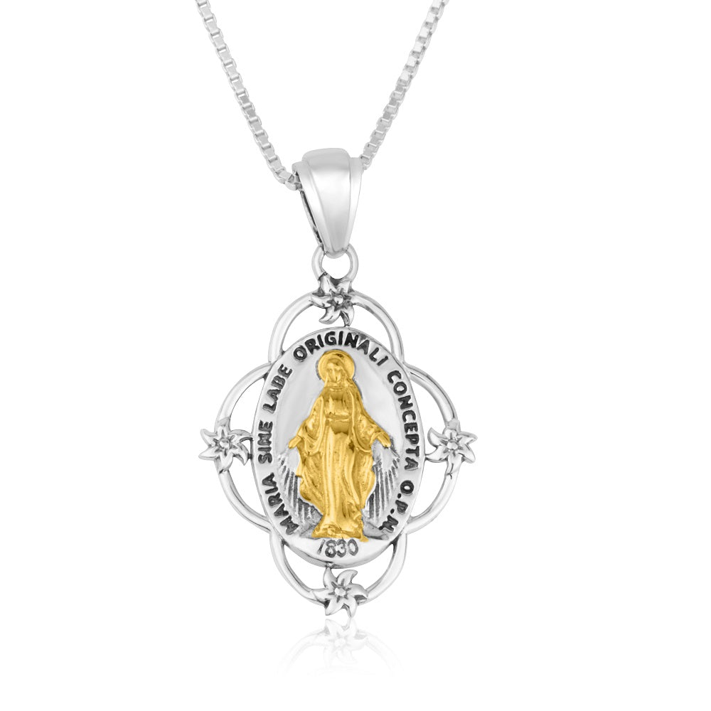 Two-Tone Miraculous Medal Pendant Necklace in 925 Sterling Silver, Ornate Frame