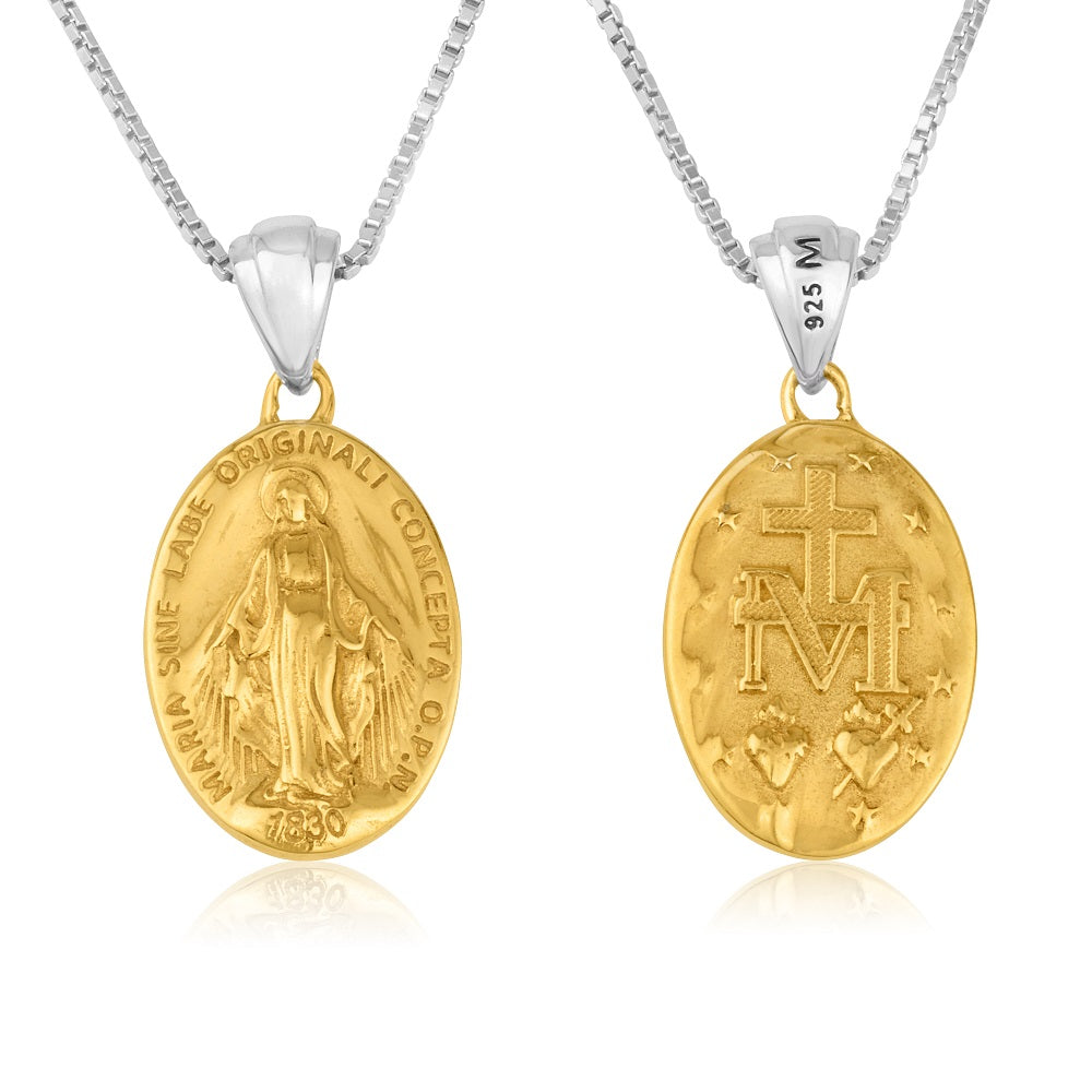 Miraculous Medal Pendant Necklace, Large Oval, Gold-Plated 925 Sterling Silver