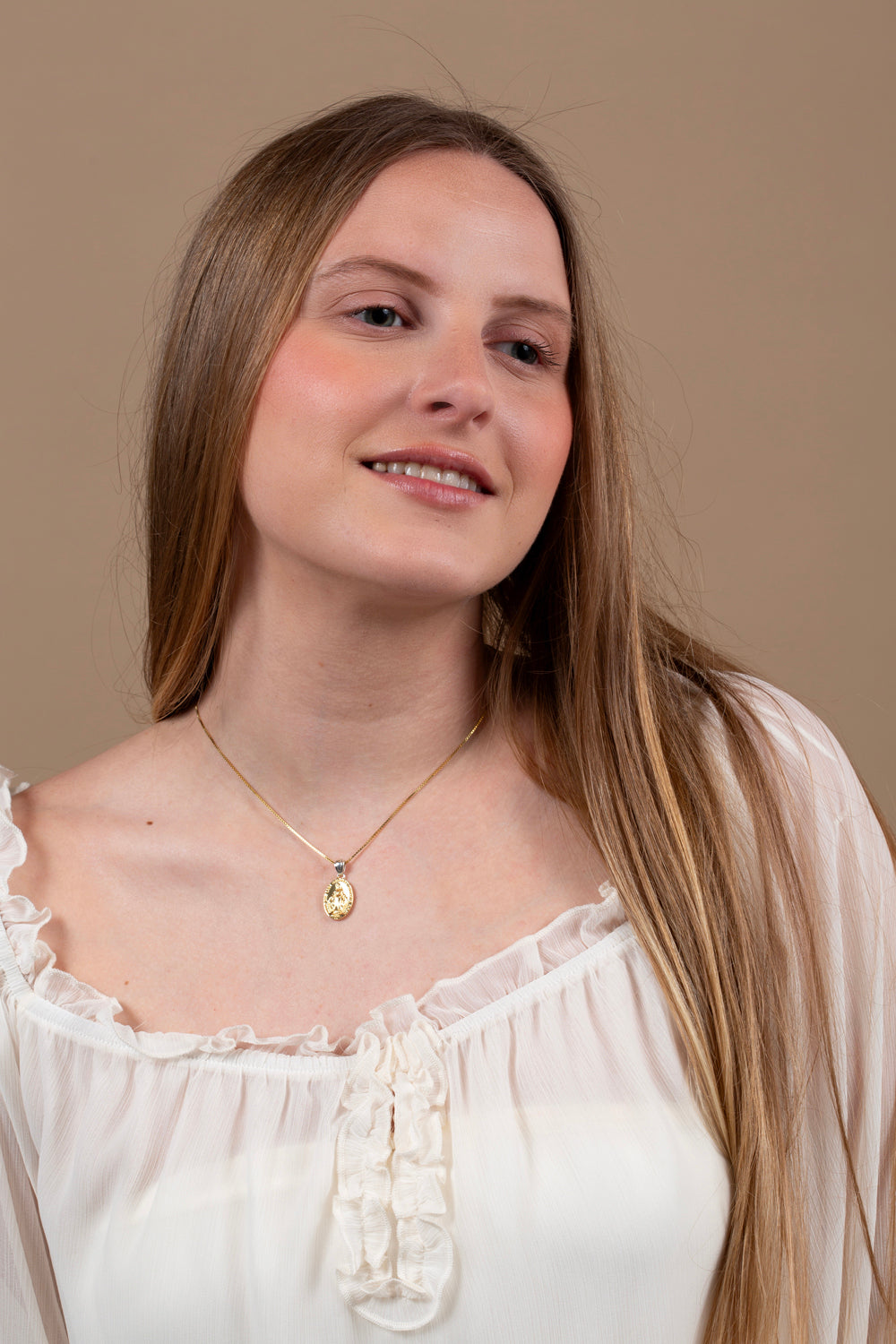 Miraculous Medal Pendant Necklace, Large Oval, Gold-Plated 925 Sterling Silver – shown worn