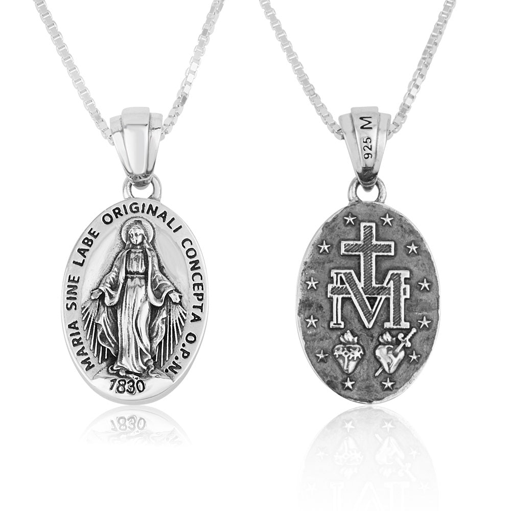 Miraculous Medal Pendant Necklace, Small Oval, Oxidized 925 Sterling Silver