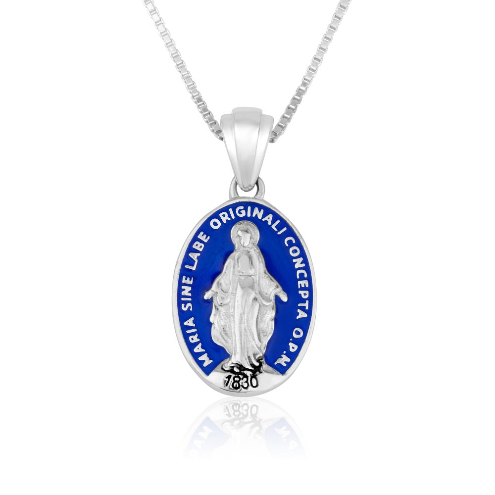 Miraculous Medal Pendant Necklace in 925 Sterling Silver with Blue Enamel
