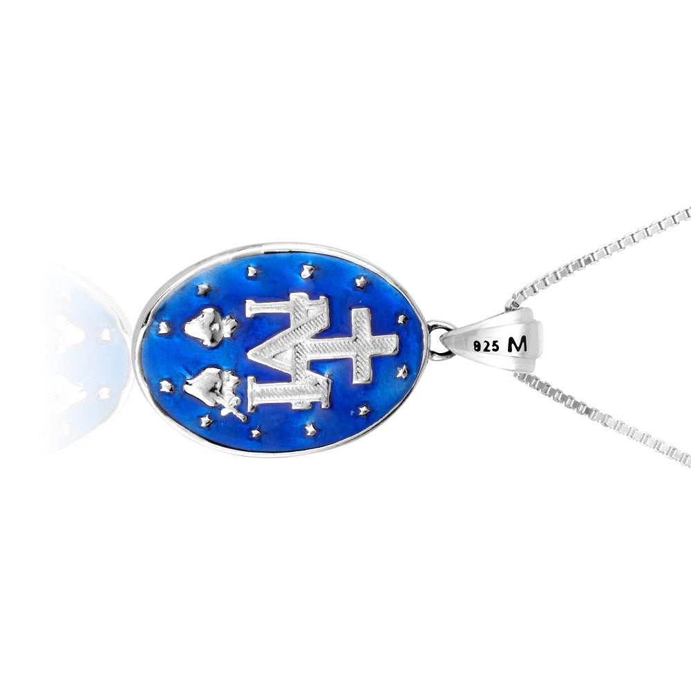 Miraculous Medal Pendant Necklace, Oval Blue Enamel, 925 Sterling Silver – side view