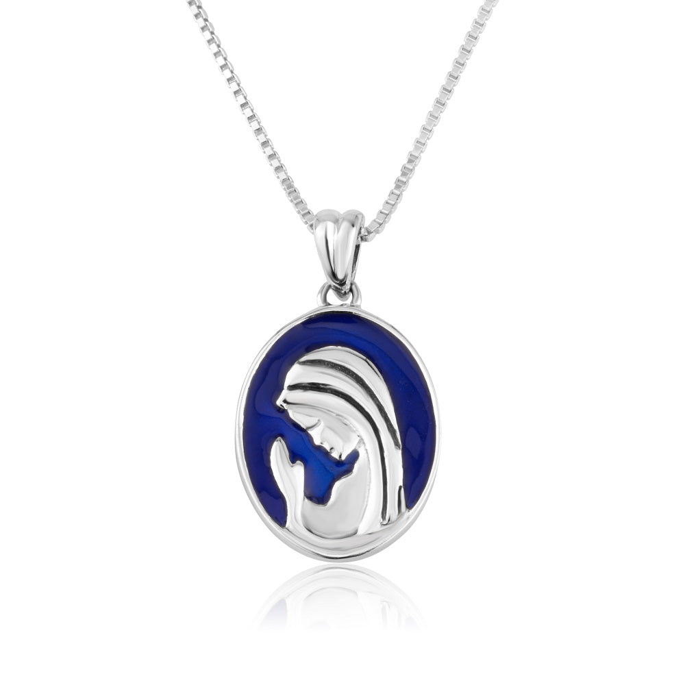 Virgin Mary profile silhouette pendant necklace in 925 sterling silver with blue enamel by Marina Jewelry