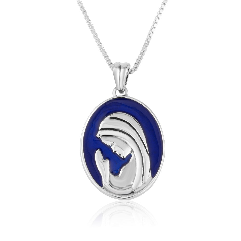 Virgin Mary profile silhouette pendant necklace, large, in 925 sterling silver with blue enamel by Marina Jewelry