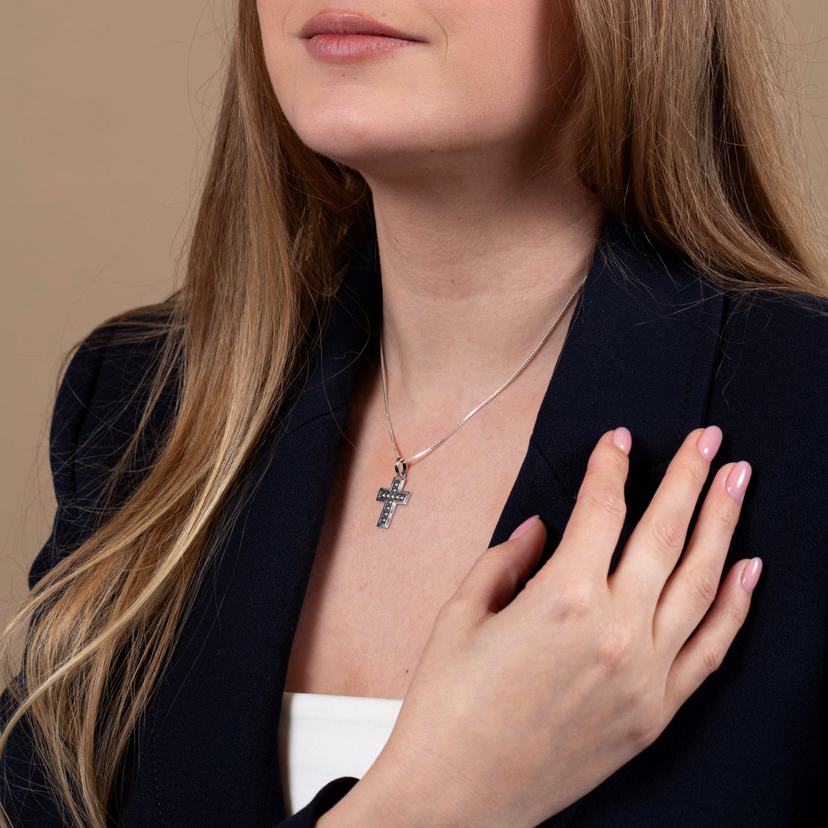 Bubble Cross Pendant Necklace in 925 Sterling Silver, Oxidized – shown worn, close-up