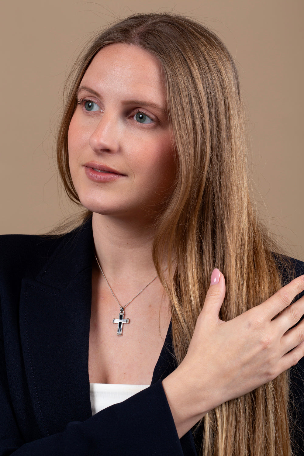 Onyx Cross Pendant Necklace in 925 Sterling Silver, Rope Ends – shown worn