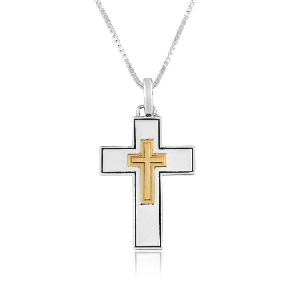 Cross-in-cross two-tone gold pendant necklace in 925 sterling silver by Marina Jewelry