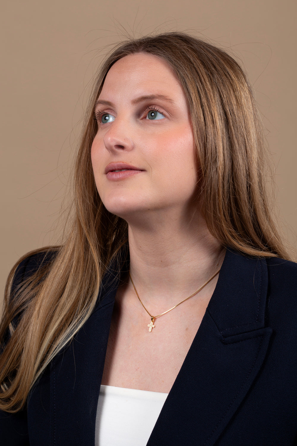 Cross Pendant Necklace in Gold-Plated 925 Sterling Silver with Cubic Zirconia – shown worn