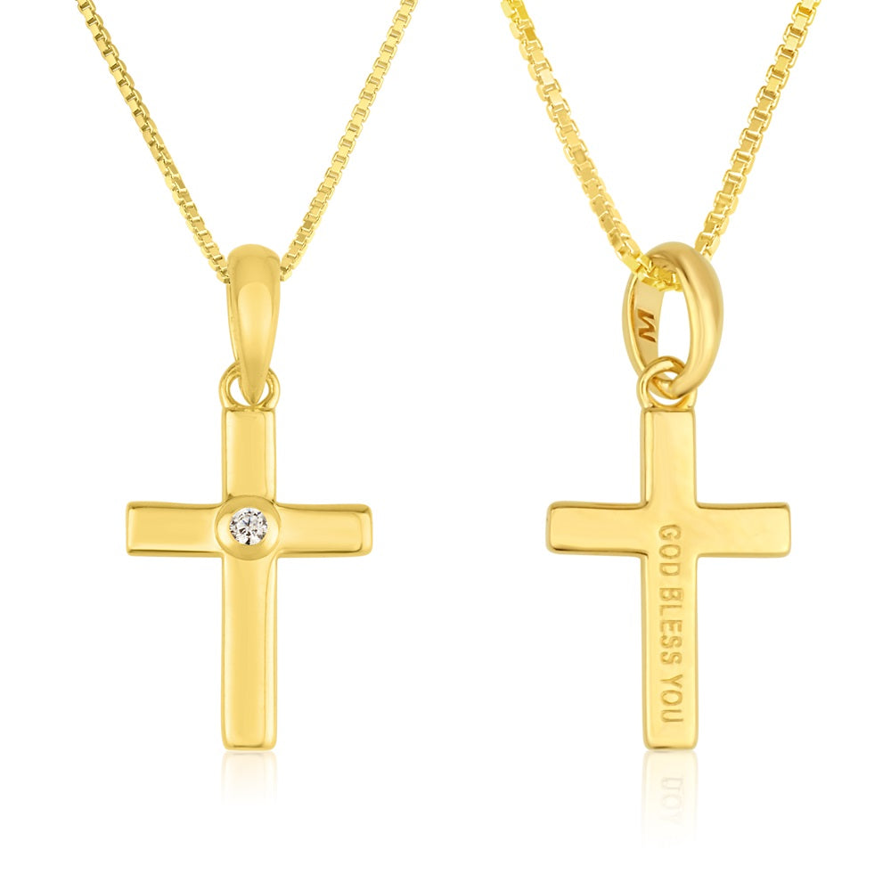 Cross God Bless You gold CZ pendant necklace in gold-plated 925 sterling silver by Marina Jewelry