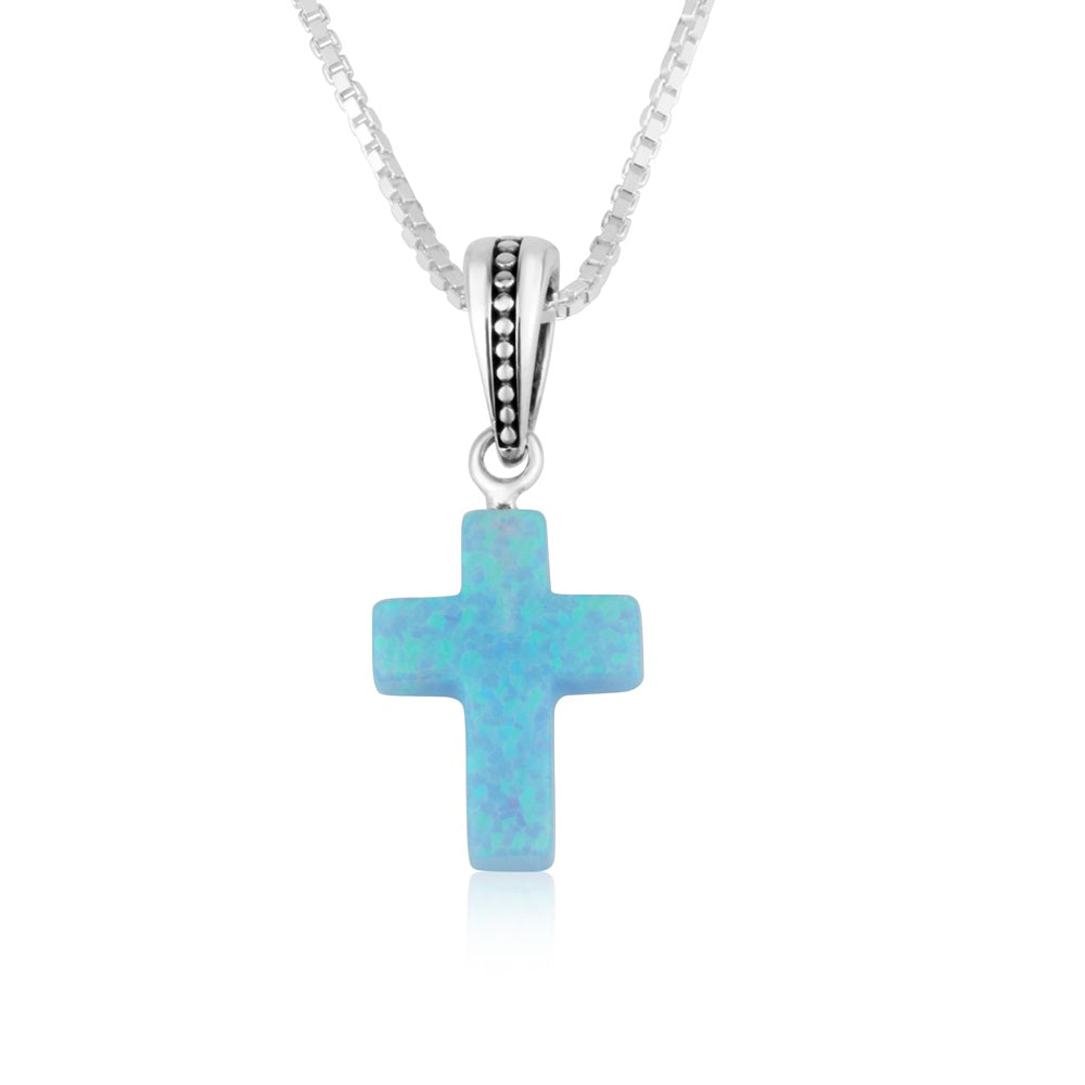 Blue Opal Cross Pendant Necklace, Beaded Bail, 925 Sterling Silver