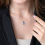 Blue Enamel Virgin Mary Medal Pendant Necklace in 925 Sterling Silver – shown worn, close-up