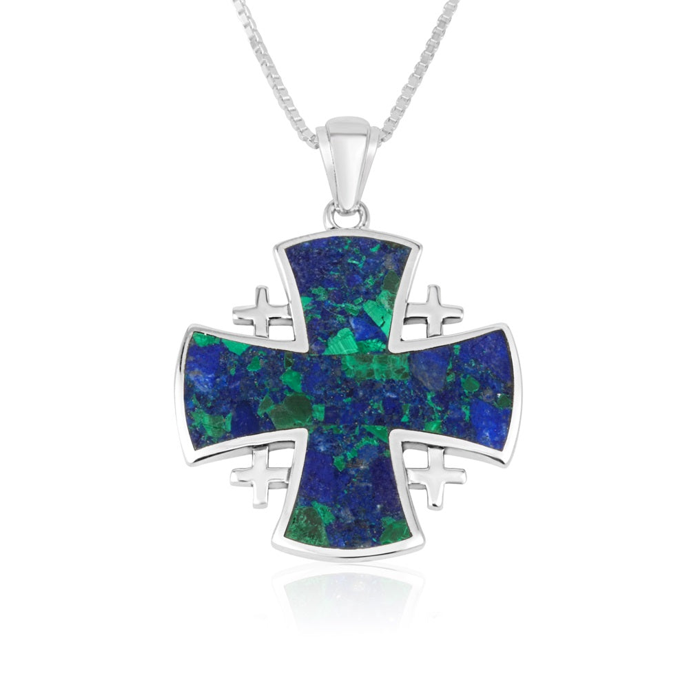 Large Jerusalem Cross Eilat stone pendant necklace in 925 sterling silver by Marina Jewelry