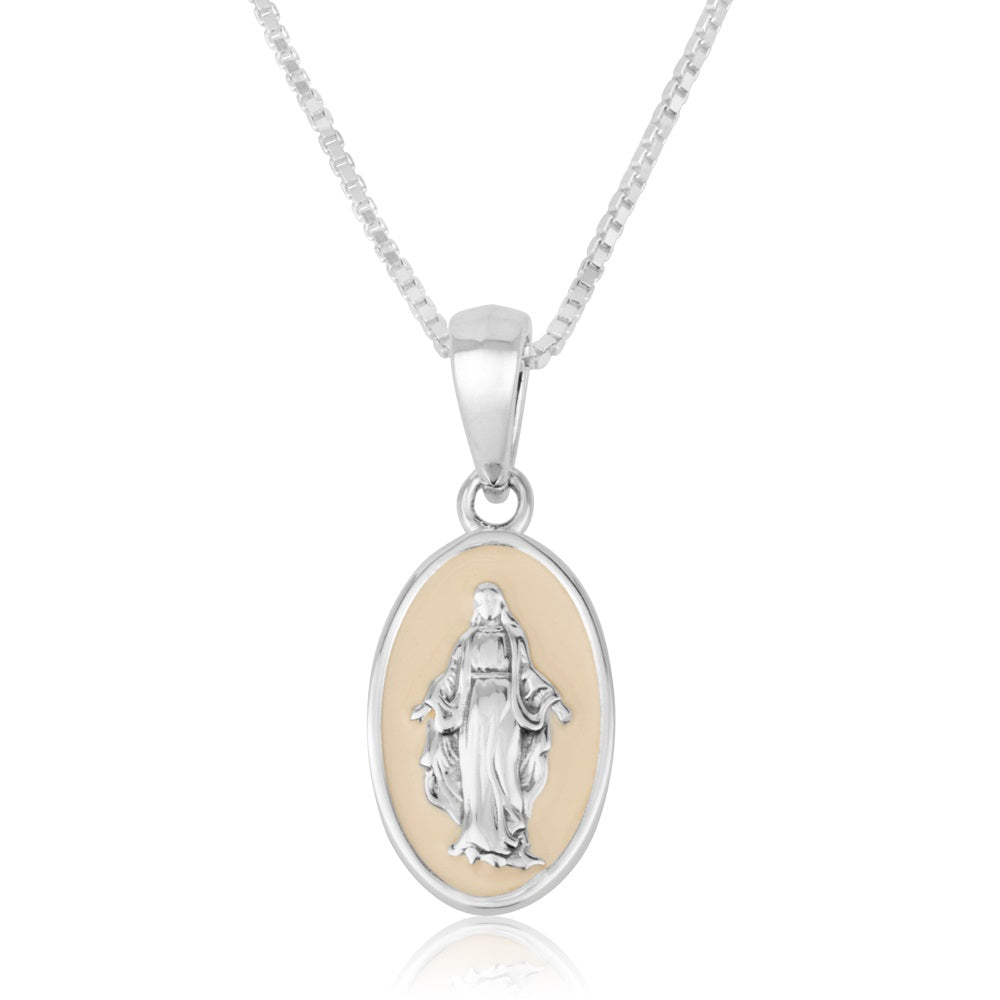 Virgin Mary pendant necklace in 925 sterling silver with ivory enamel by Marina Jewelry