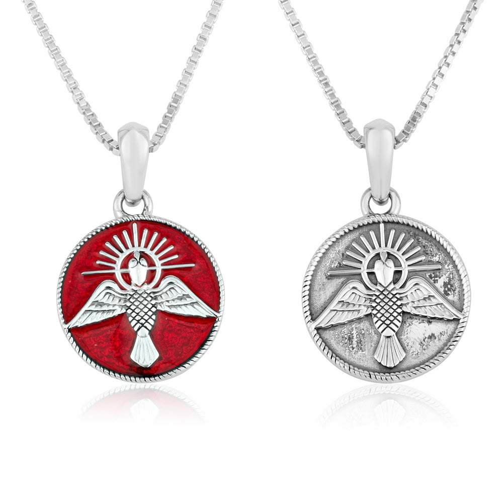 Holy Spirit dove red enamel coin pendant necklace in 925 sterling silver by Marina Jewelry