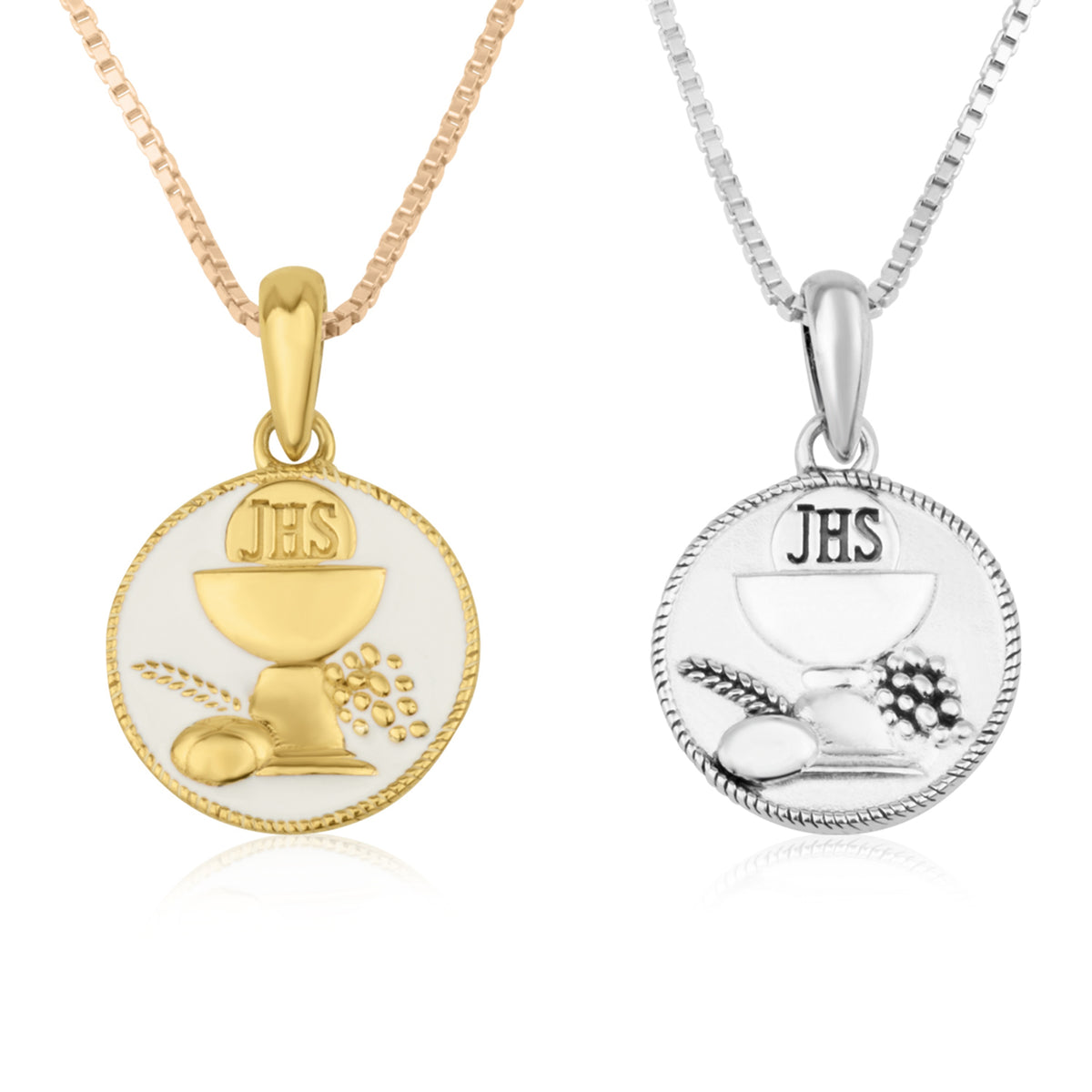 First Communion JHS Chalice Pendant Necklace in Gold-Plated 925 Sterling Silver, White Enamel