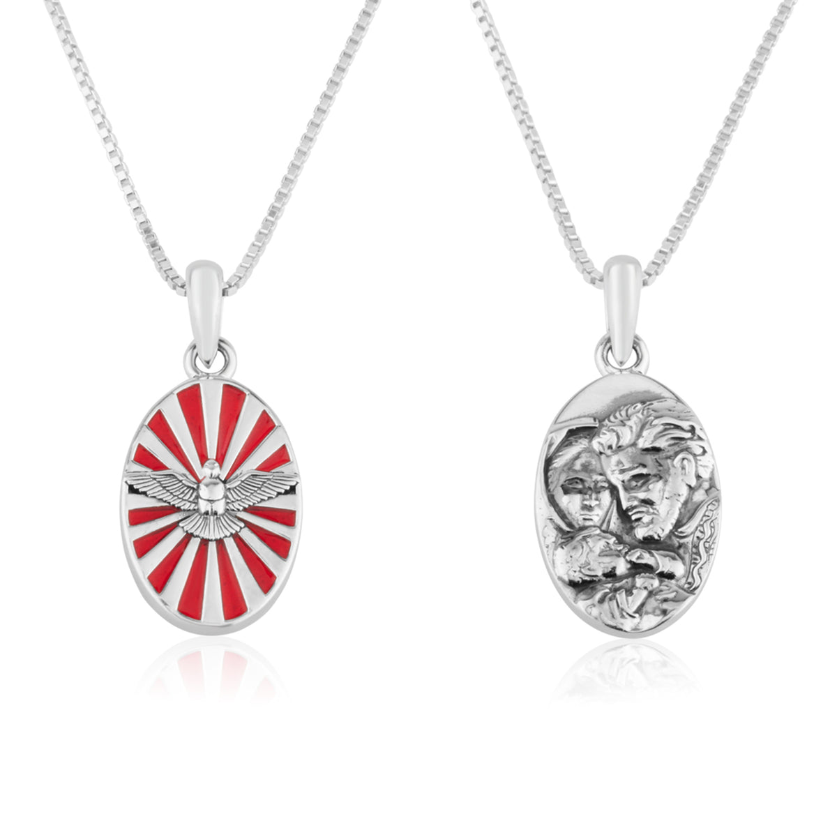 Holy Spirit dove red enamel oval pendant necklace in 925 sterling silver by Marina Jewelry